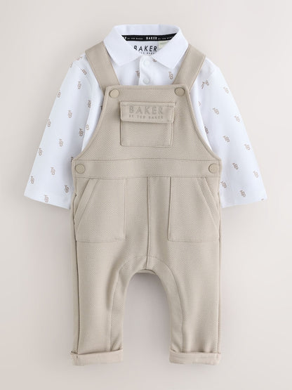 Baker by Ted Baker Stone Textured Dungaree and All Over Print Polo Shirt Set