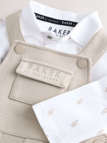 Baker by Ted Baker Stone Textured Dungaree and All Over Print Polo Shirt Set