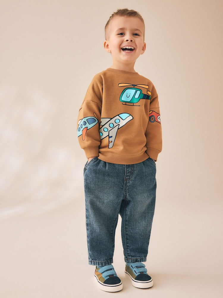 Tan Brown All Over Printed Crew Neck Sweat Top (3mths-7yrs)