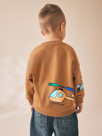 Tan Brown All Over Printed Crew Neck Sweat Top (3mths-7yrs)