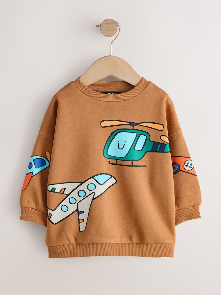 Tan Brown All Over Printed Crew Neck Sweat Top (3mths-7yrs)