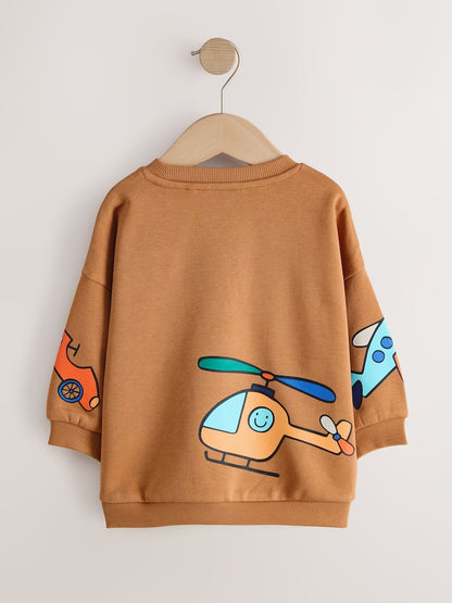 Tan Brown All Over Printed Crew Neck Sweat Top (3mths-7yrs)