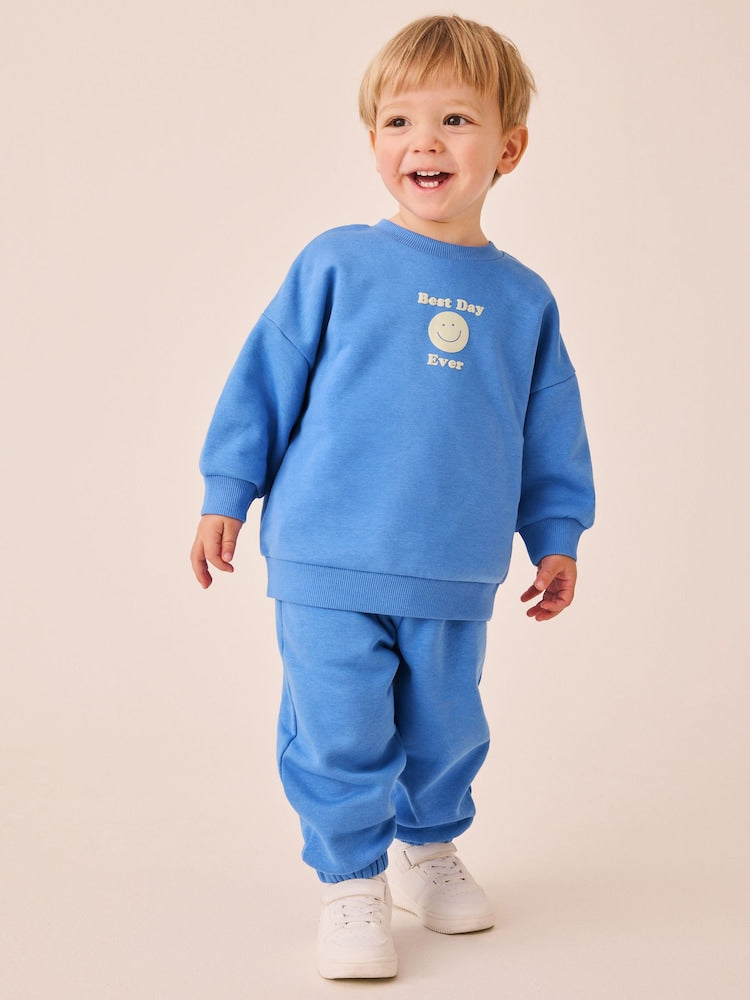 Blue Back Print Crew Neck Joggers Set (3mths-7yrs)