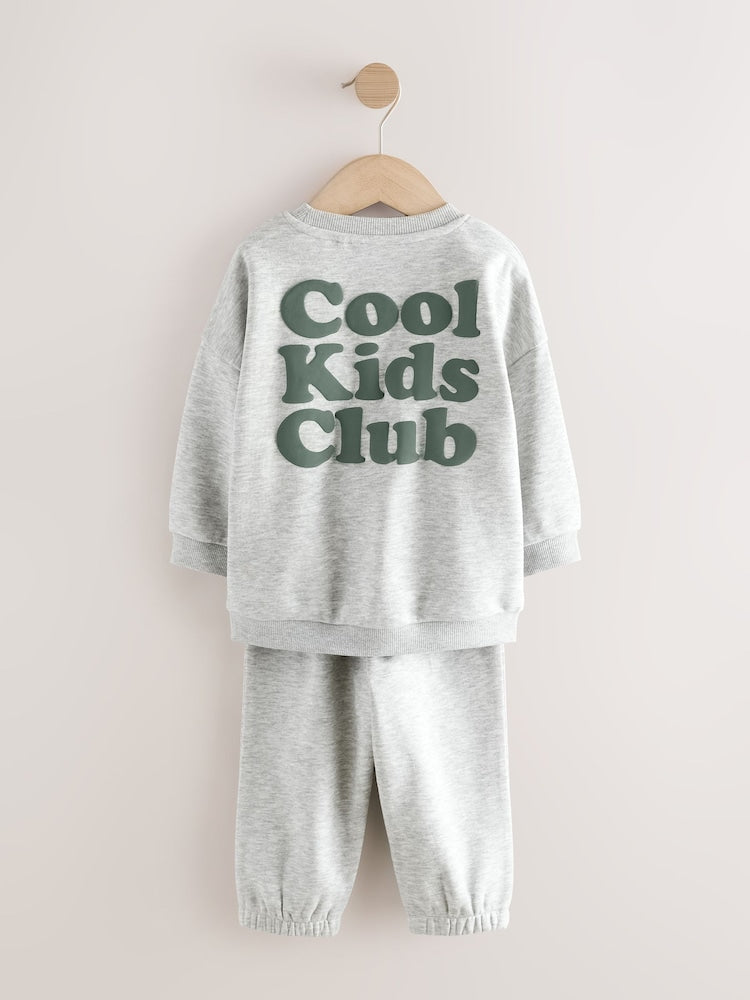 Grey Back Print Crew Neck Joggers Set (3mths-7yrs)