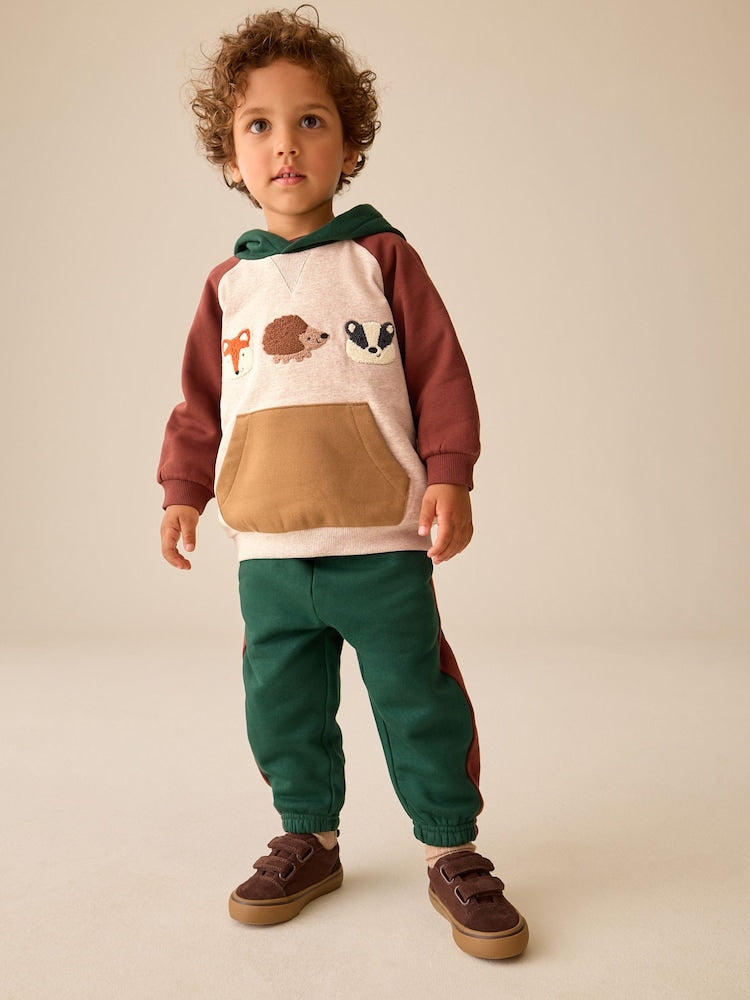 Burgundy/Ecru/Green Colour Block Hoodie and Joggers Set (3mths-7yrs) - Burgundy/Ecru/Green / 12-18 Months (80-86cm)