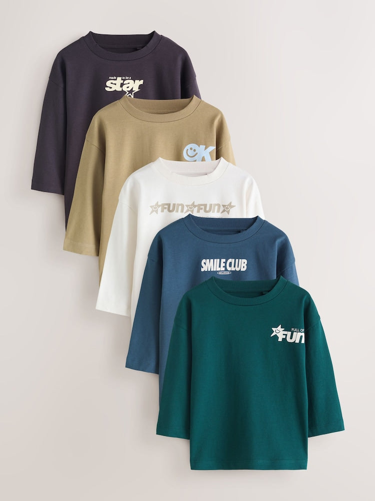 Multi Black Star Slogan Long Sleeve T-Shirts 5 Pack (3mths-7yrs) - Multi Black Star Slogan Long Sleeve / 12-18 Months (80-86cm)