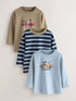 Blue/Neutral Dog Stripe Long Sleeve Graphic T-Shirts 3 Pack (3mths-7yrs) - Blue/Neutral Dog Stripe Long Sleeve Graphic / 12-18 Months (80-86cm)