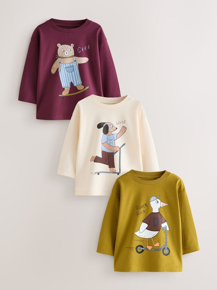 Ecru Character Long Sleeve Graphic T-Shirts 3 Pack (3mths-7yrs) - Ecru Character Long Sleeve Graphic / 12-18 Months (80-86cm)