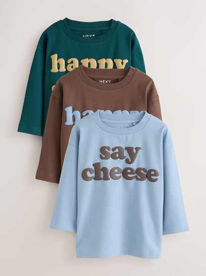Mutli Blue / Berry / Green Happy Smile Slogan Long Sleeve Graphic T-Shirts 3 Pack (3mths-7yrs) - 12-18 Months (80-86cm)