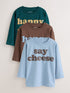 Mutli Blue / Berry / Green Happy Smile Slogan Long Sleeve Graphic T-Shirts 3 Pack (3mths-7yrs) - 12-18 Months (80-86cm)