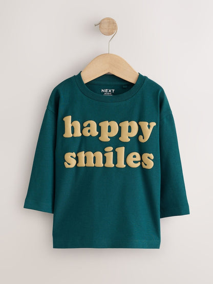 Mutli Blue / Berry / Green Happy Smile Slogan Long Sleeve Graphic T-Shirts 3 Pack (3mths-7yrs)