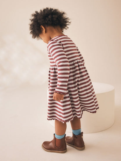 Brown Stripe Flower Long Sleeve Ribbed Dress (3mths-7yrs)