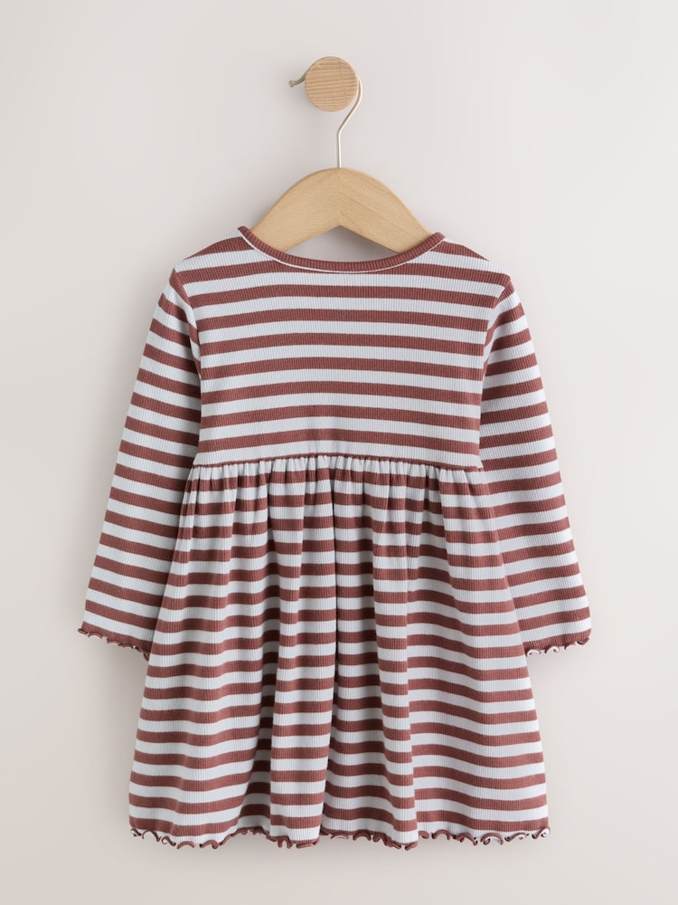 Brown Stripe Flower Long Sleeve Ribbed Dress (3mths-7yrs)