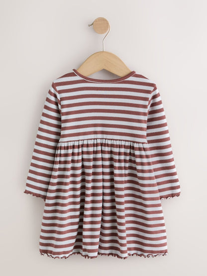 Brown Stripe Flower Long Sleeve Ribbed Dress (3mths-7yrs)
