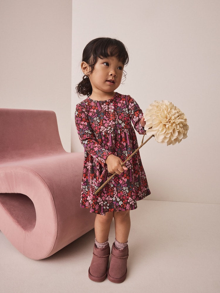 Burgundy Red Ditsy Floral Long Sleeve Ribbed Dress (3mths-7yrs) - Burgundy Red Ditsy Floral Long Sleeve Ribbed / 12-18 Months (80-86cm)