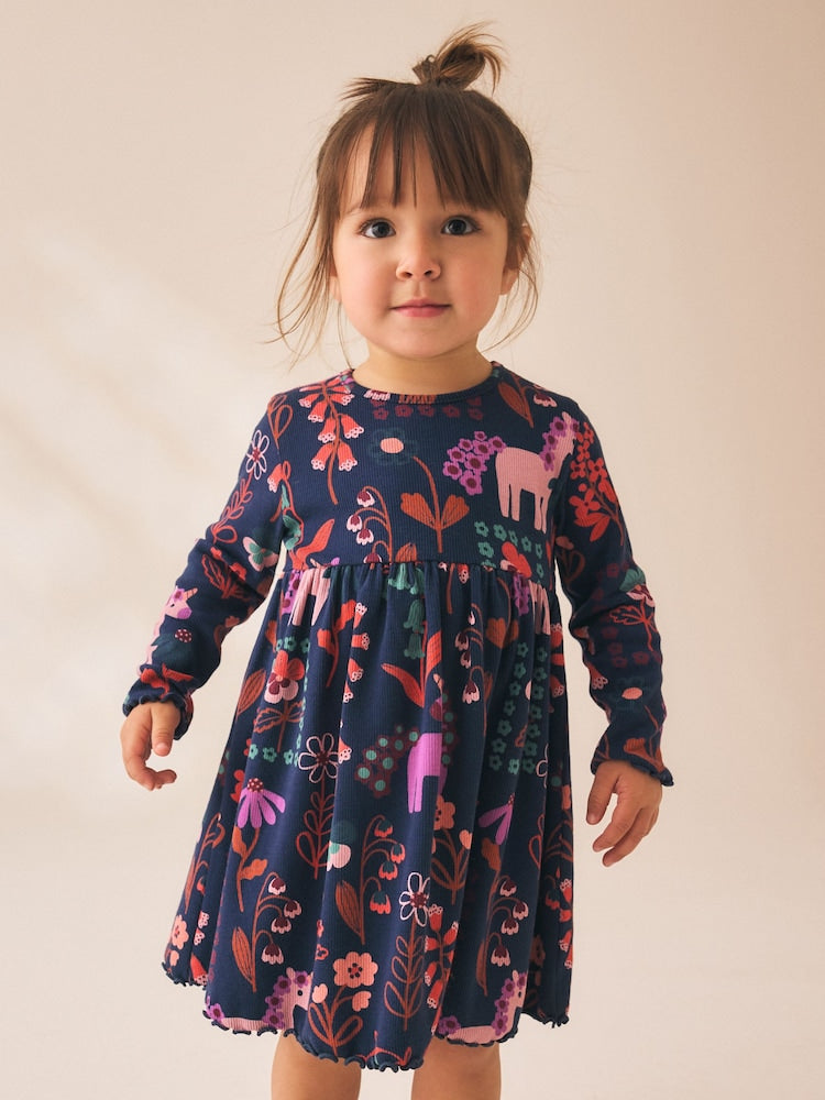 Navy Unicorn Long Sleeve Ribbed Dress (3mths-7yrs) - Navy Unicorn Long Sleeve Ribbed / 12-18 Months (80-86cm)