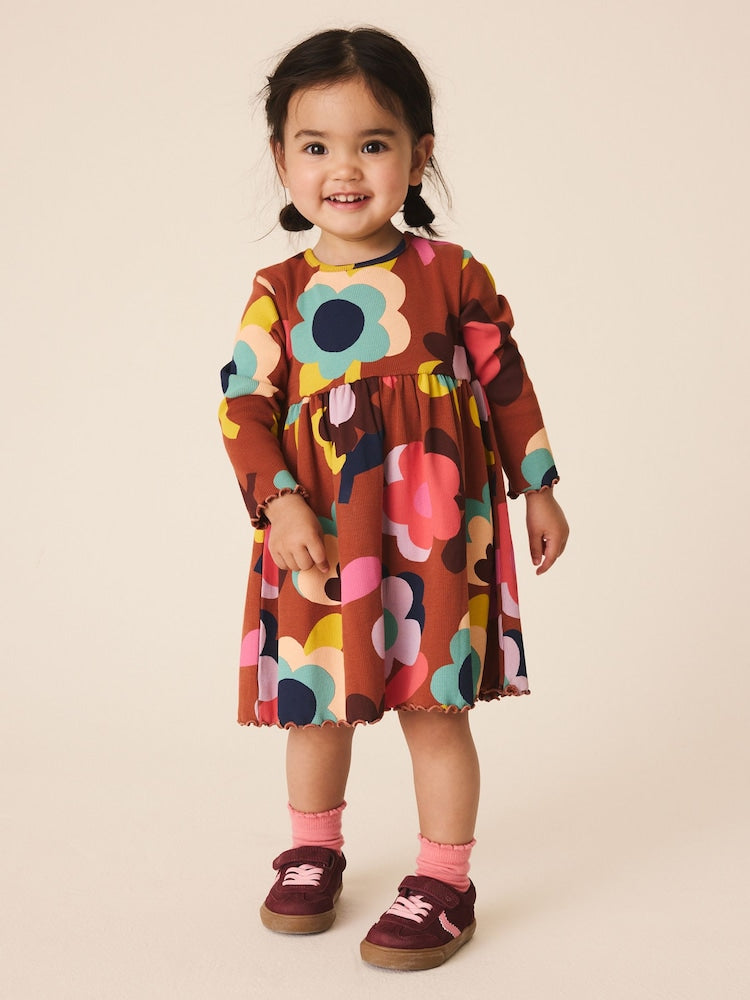 Brown Flowers Long Sleeve Ribbed Dress (3mths-7yrs) - Brown Flowers Long Sleeve Ribbed / 12-18 Months (80-86cm)
