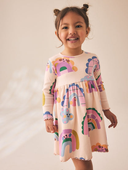 Rainbow Long Sleeve Ribbed Dress (3mths-7yrs) - Rainbow Long Sleeve Ribbed / 12-18 Months (80-86cm)