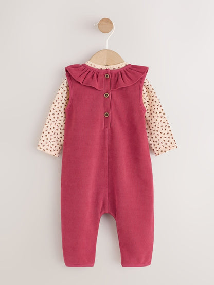 Red Corduroy Baby Long Sleeve Bodysuit And Dungarees Set 2 Piece (0mths-2yrs)