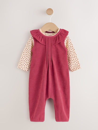 Red Corduroy Baby Long Sleeve Bodysuit And Dungarees Set 2 Piece (0mths-2yrs)