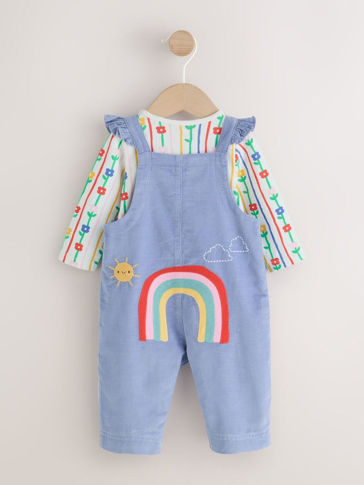 Blue Cord Embroidered Dungaree and Bodysuit Baby 2 Piece Set (0mths-2yrs)