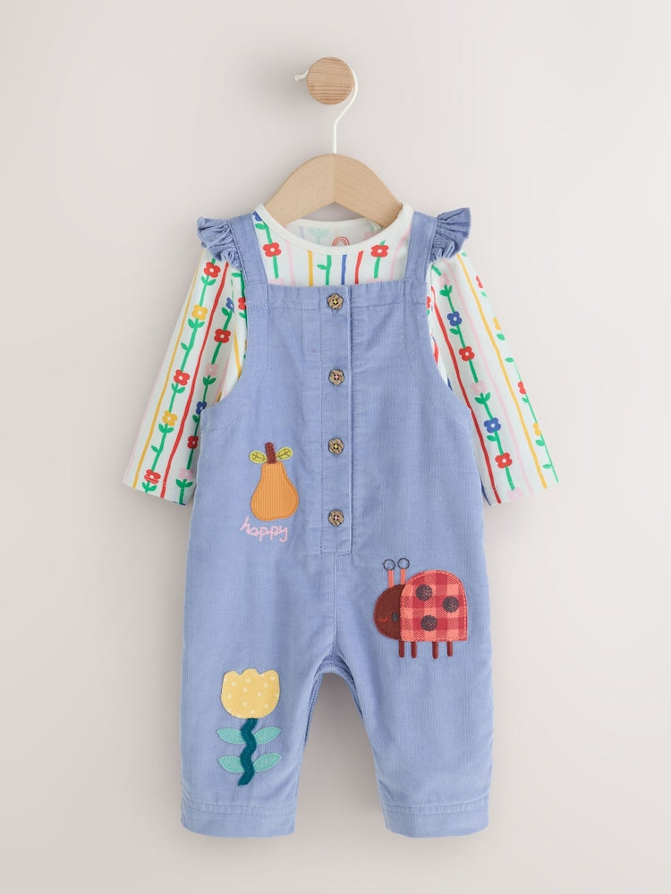 Blue Cord Embroidered Dungaree and Bodysuit Baby 2 Piece Set (0mths-2yrs)