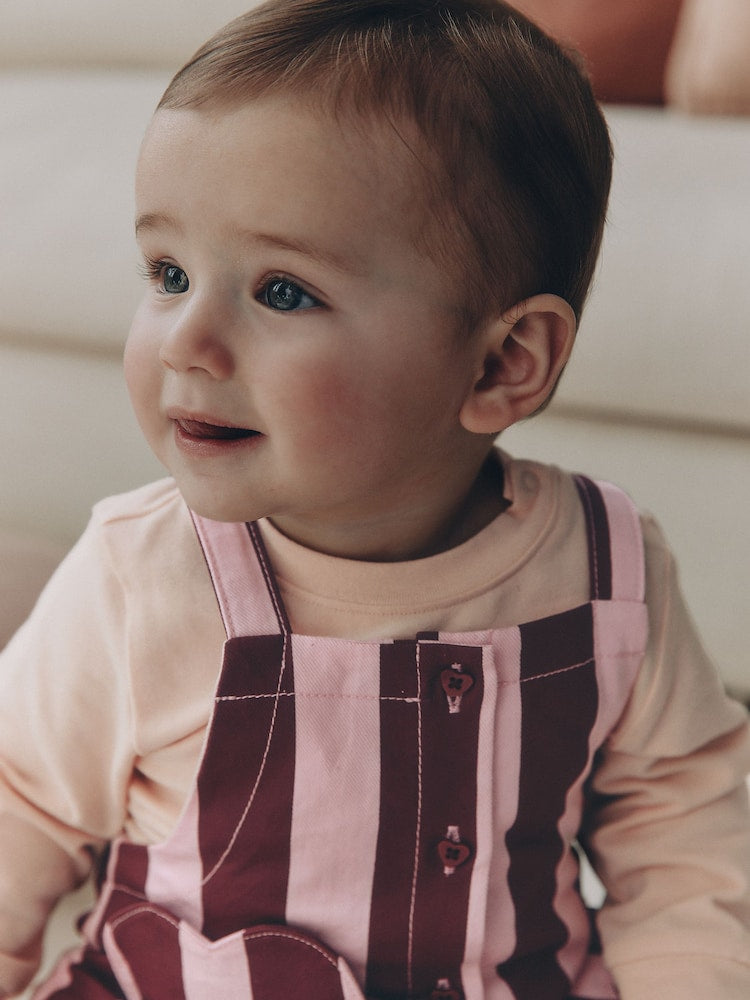 Pink/Burgundy Stripe Long Sleeve Bodysuit And Woven Dungarees Set 2 Piece (0mths-2yrs)