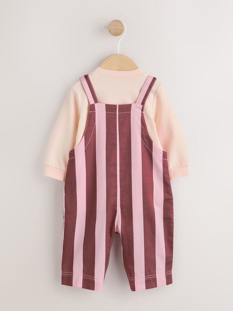 Pink/Burgundy Stripe Long Sleeve Bodysuit And Woven Dungarees Set 2 Piece (0mths-2yrs)