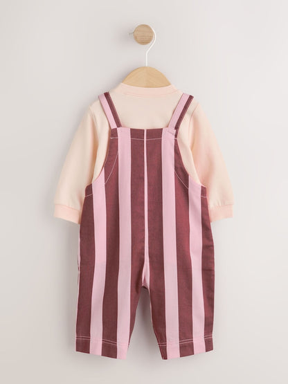 Pink/Burgundy Stripe Long Sleeve Bodysuit And Woven Dungarees Set 2 Piece (0mths-2yrs)