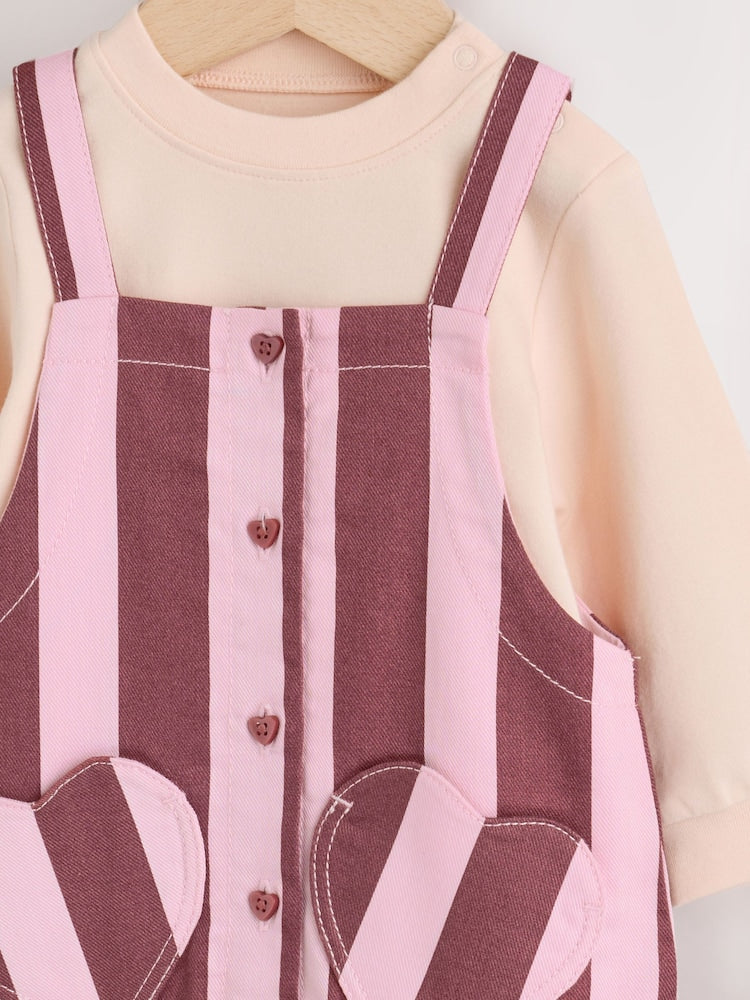 Pink/Burgundy Stripe Long Sleeve Bodysuit And Woven Dungarees Set 2 Piece (0mths-2yrs)