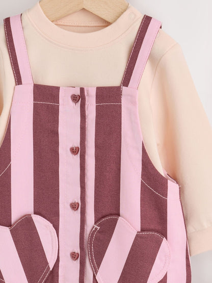 Pink/Burgundy Stripe Long Sleeve Bodysuit And Woven Dungarees Set 2 Piece (0mths-2yrs)