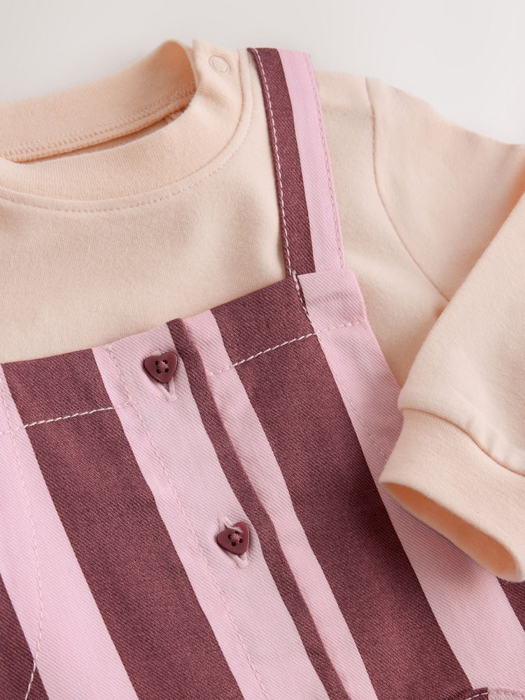 Pink/Burgundy Stripe Long Sleeve Bodysuit And Woven Dungarees Set 2 Piece (0mths-2yrs)