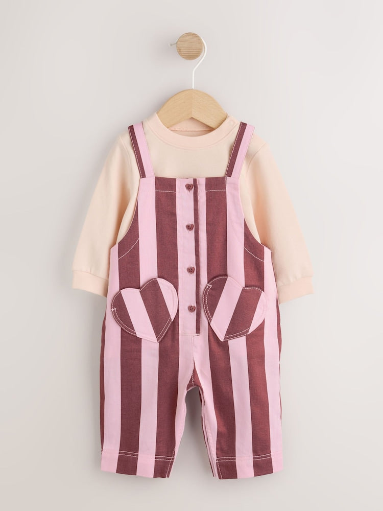 Pink/Burgundy Stripe Long Sleeve Bodysuit And Woven Dungarees Set 2 Piece (0mths-2yrs)