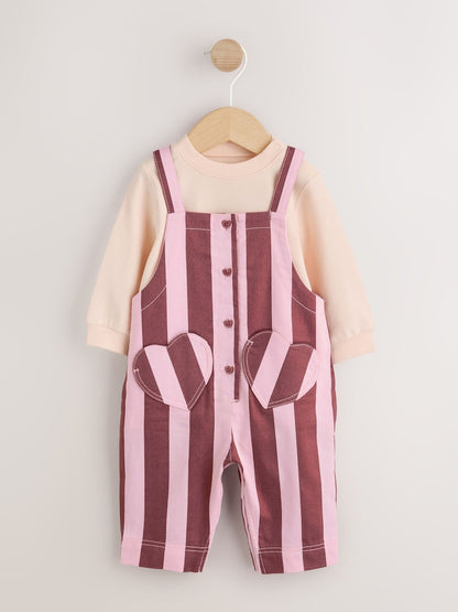 Pink/Burgundy Stripe Long Sleeve Bodysuit And Woven Dungarees Set 2 Piece (0mths-2yrs)