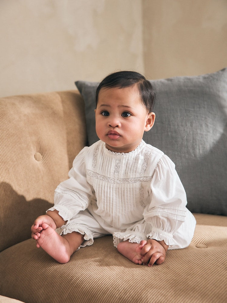 White Woven Lace Top and Trousers Baby 2 Piece Set (0mths-2yrs) - White Woven Lace / Up to 1 Month (50-56cm)