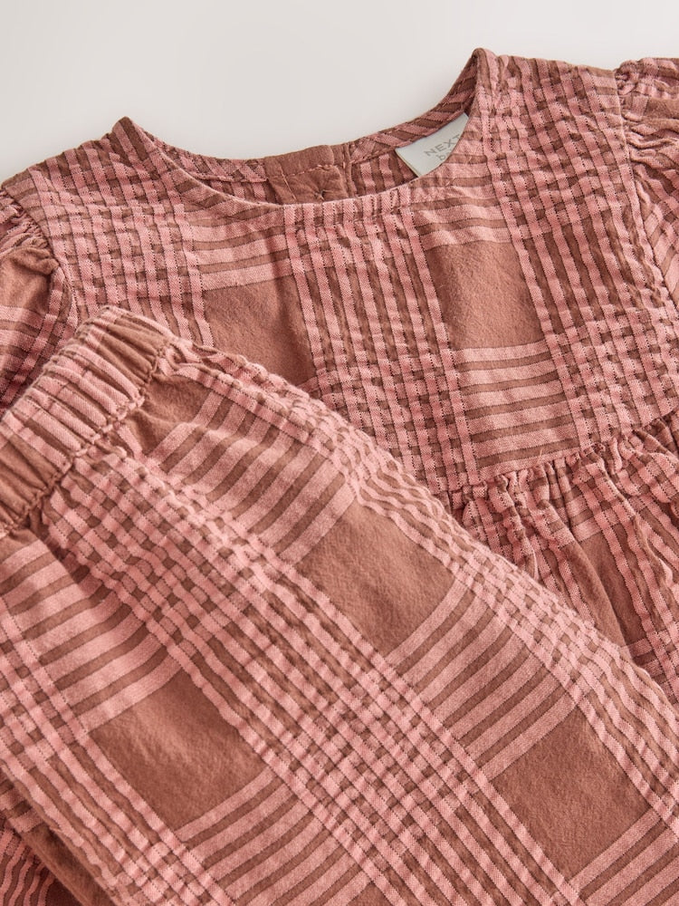 Brown/Pink Check Baby Woven Top and Trousers 2 Piece Set (0mths-2yrs)