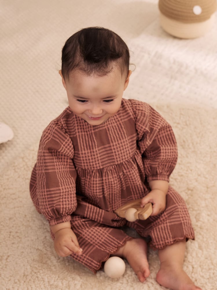 Brown/Pink Check Baby Woven Top and Trousers 2 Piece Set (0mths-2yrs)