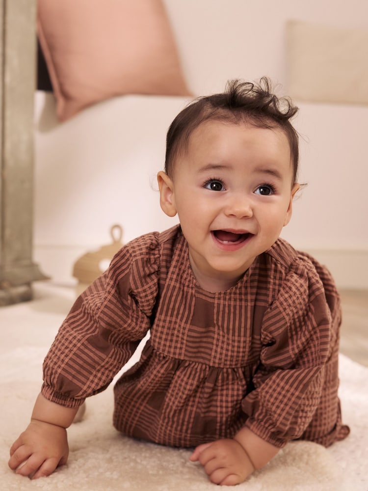 Brown/Pink Check Baby Woven Top and Trousers 2 Piece Set (0mths-2yrs)