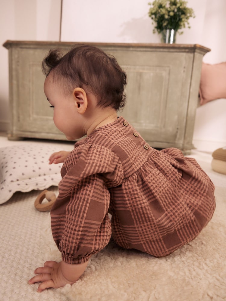 Brown/Pink Check Baby Woven Top and Trousers 2 Piece Set (0mths-2yrs)