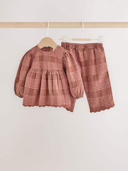Brown/Pink Check Baby Woven Top and Trousers 2 Piece Set (0mths-2yrs)