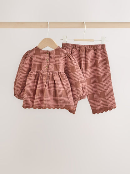 Brown/Pink Check Baby Woven Top and Trousers 2 Piece Set (0mths-2yrs)