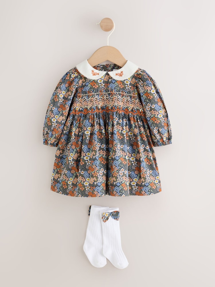 Blue Floral Woven Dress, Knicker and Sock Baby Set 3 Piece (0mths-2yrs) - Blue Floral Woven / Up to 1 Month (50-56cm)