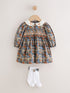 Blue Floral Woven Dress, Knicker and Sock Baby Set 3 Piece (0mths-2yrs) - Blue Floral Woven / Up to 1 Month (50-56cm)