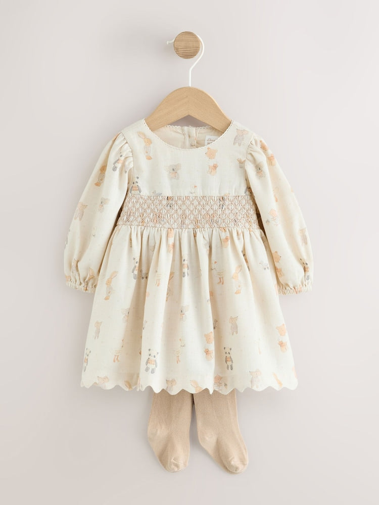 Ecru Animal Baby Smock Dress And Tights Set 2 Piece (0mths-2yrs) - Ecru Animal / Up to 1 Month (50-56cm)