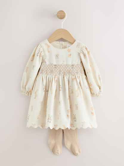 Ecru Animal Baby Smock Dress And Tights Set 2 Piece (0mths-2yrs) - Ecru Animal / Up to 1 Month (50-56cm)