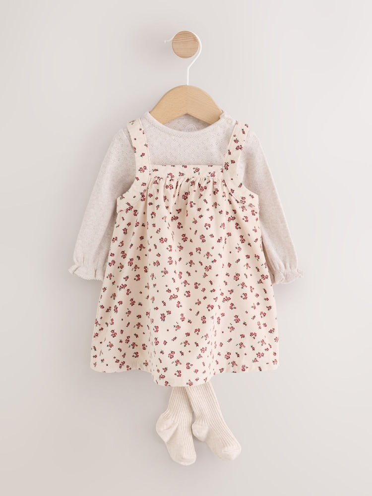 Ecru Floral Cord Baby Pinafore Long Sleeve Bodysuit And Tights 3 Piece Set (0mths-2yrs) - Ecru Floral Cord / Up to 1 Month (50-56cm)