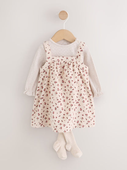 Ecru Floral Cord Baby Pinafore Long Sleeve Bodysuit And Tights 3 Piece Set (0mths-2yrs) - Ecru Floral Cord / Up to 1 Month (50-56cm)