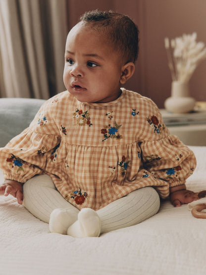 Brown/Cream Check Embroidered Baby Bubble Romper And Tights 2 Piece Set (0mths-2yrs) - Up to 1 Month (50-56cm)