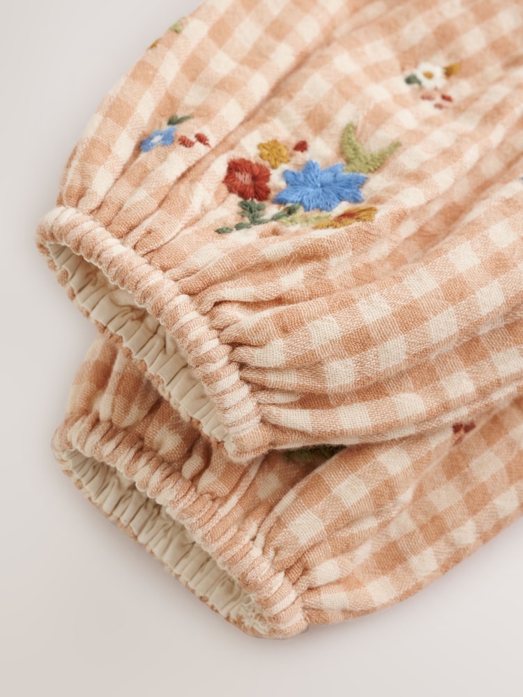 Brown/Cream Check Embroidered Baby Bubble Romper And Tights 2 Piece Set (0mths-2yrs)