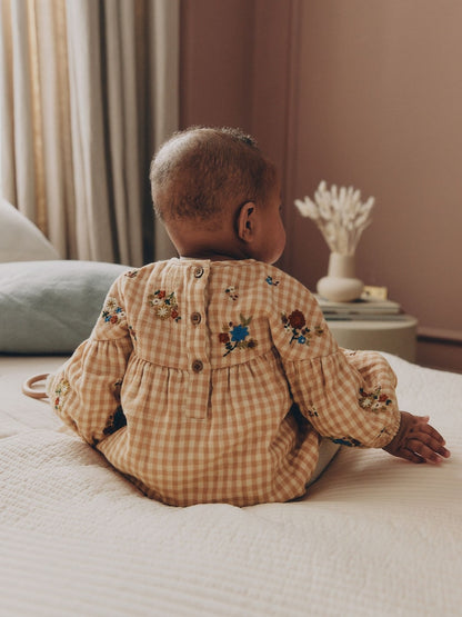 Brown/Cream Check Embroidered Baby Bubble Romper And Tights 2 Piece Set (0mths-2yrs)